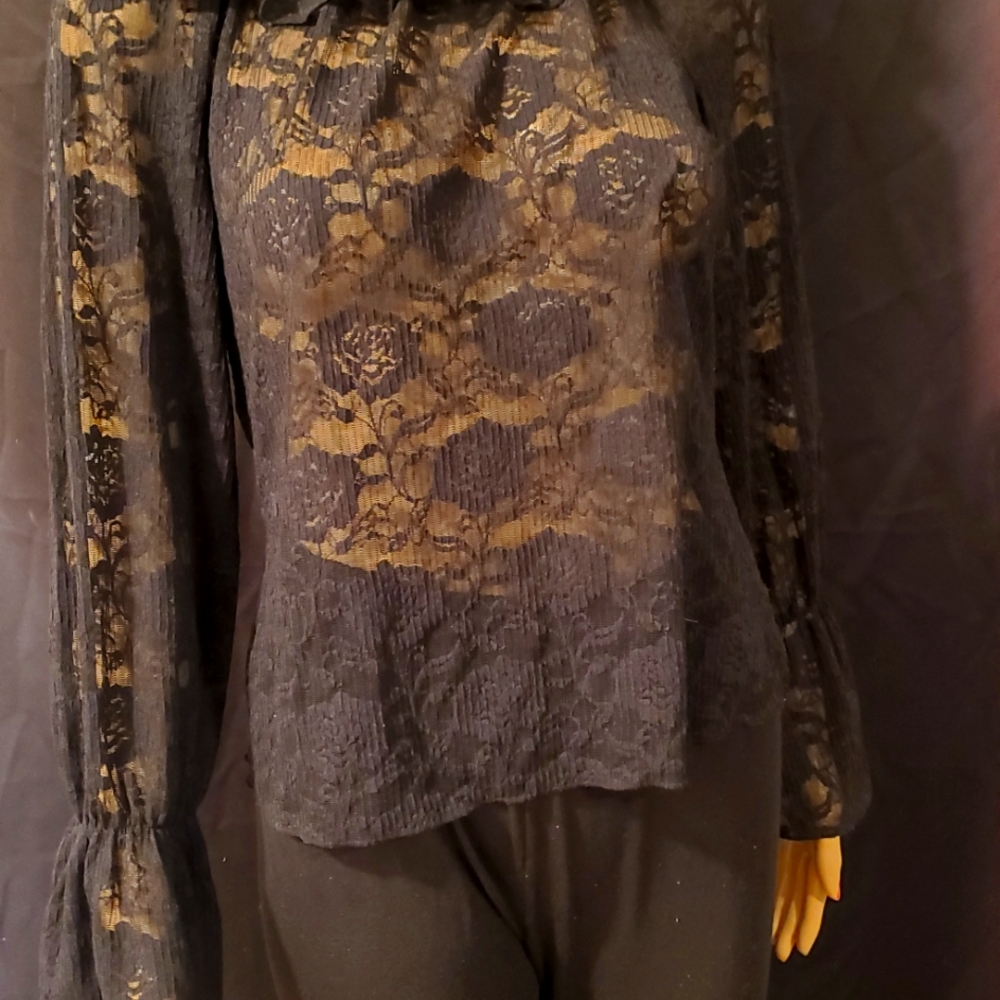 Black Lace Long Sleeve Overlay Blouse